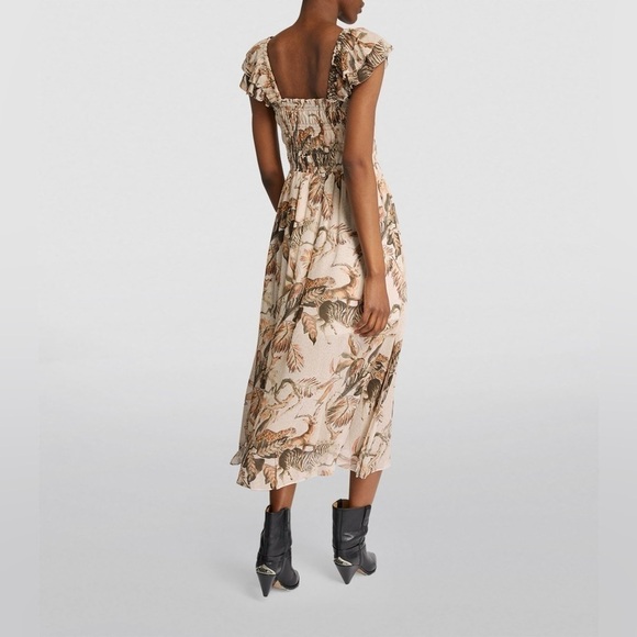 ALLSAINTS Mali Ukushisa Midi Dress Smocked Ruffle Safari Animal Print Size 10 - Picture 2 of 11